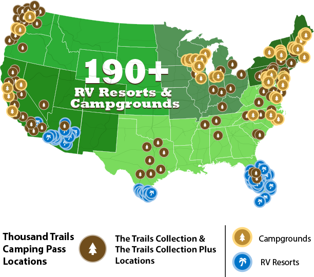 A map of the US with a legend depicting all RV resort locations
